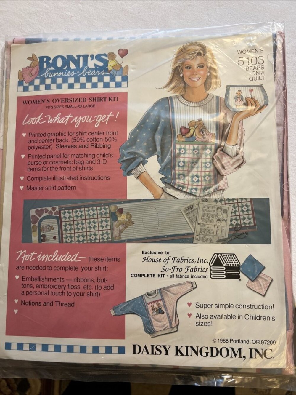 Vintage Boni's Bunnies & Bears Daisy Kingdom Women's Oversize Shirt Kit 5103